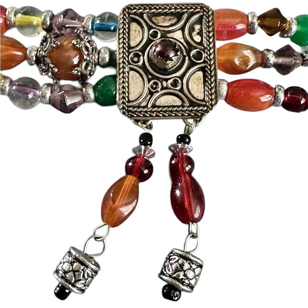 Vintage Style Triple Strand Beaded Waist Belt Hook Closure Silver Embossed Clasp